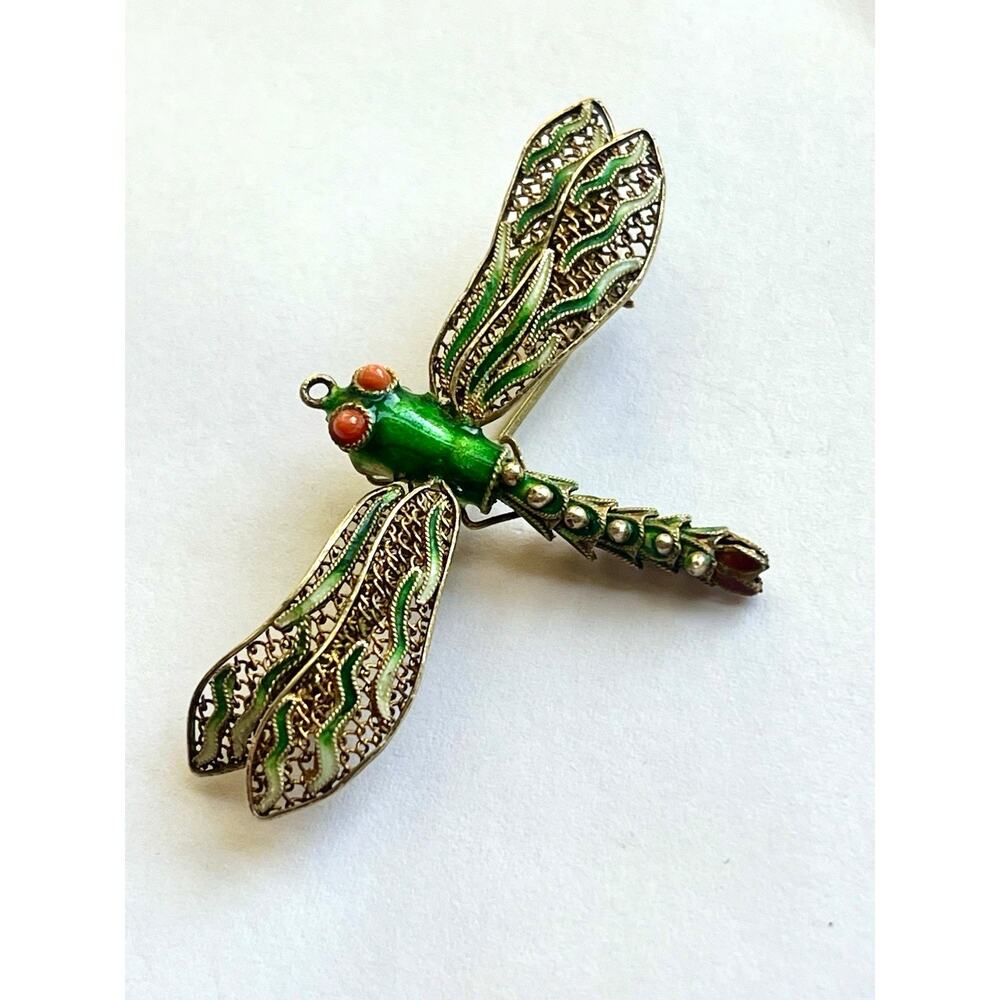 Vintage Articulating Dragonfly Brooch - Gold over Sterling Silver and Enamel